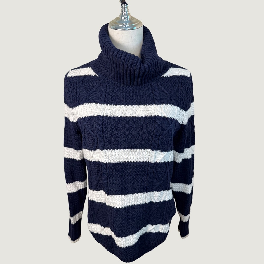 Gap XS Navy Blue White Striped Cable Knit Turtleneck Cotton Fisherman Sweater